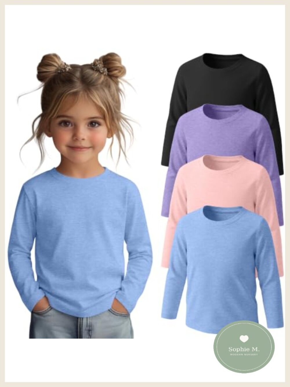 4 Pack Toddler Girls Long Sleeve Tees - Soft Stretch Blend, Crewneck, Basic
